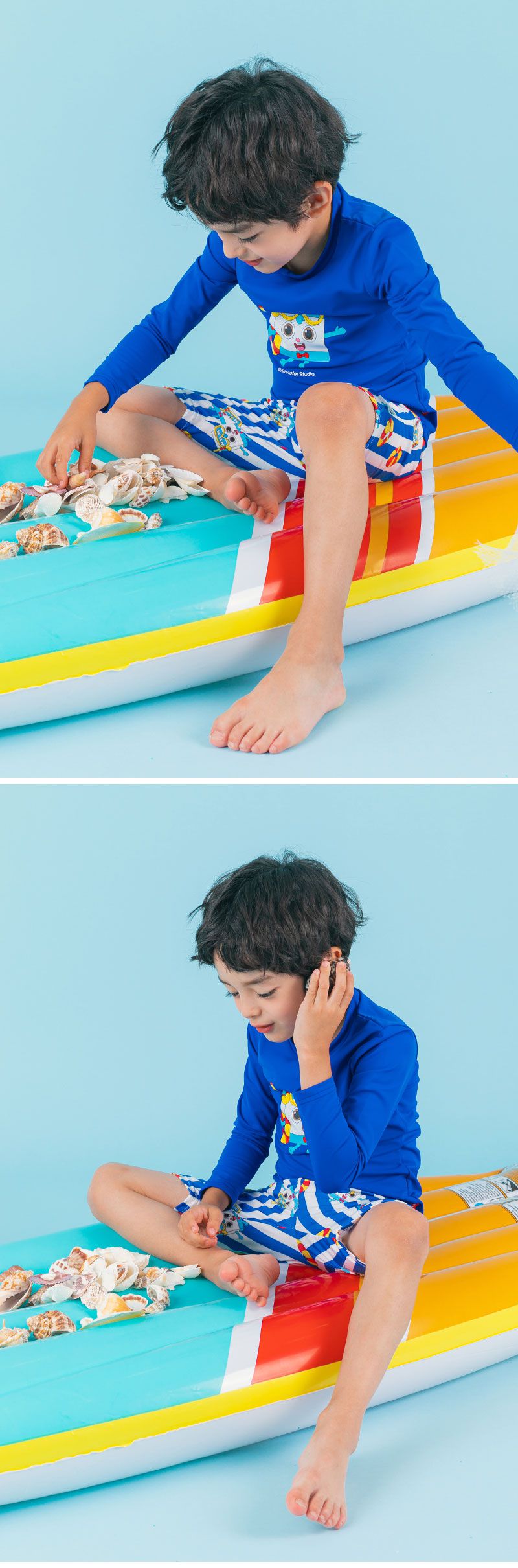 韓國 OZKIZ - 長袖兒童泳裝-三件組-布萊德理髮廳-藍