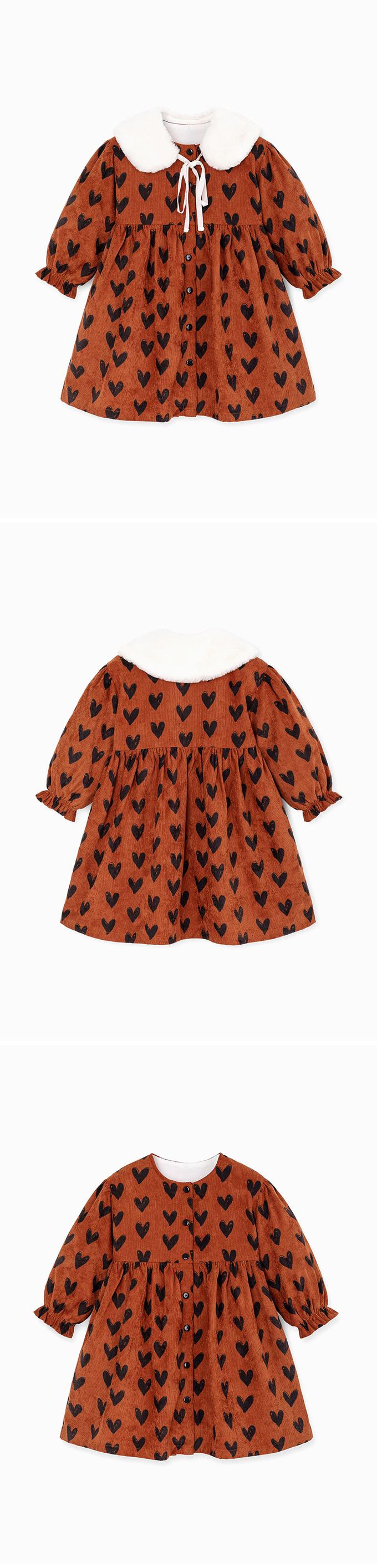 韓國 OZKIZ - (附圍領)排列愛心燈芯絨連身洋裝-棕紅