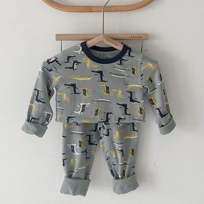 MONG - 棉質圓領長袖家居服套裝-鱷魚-灰色