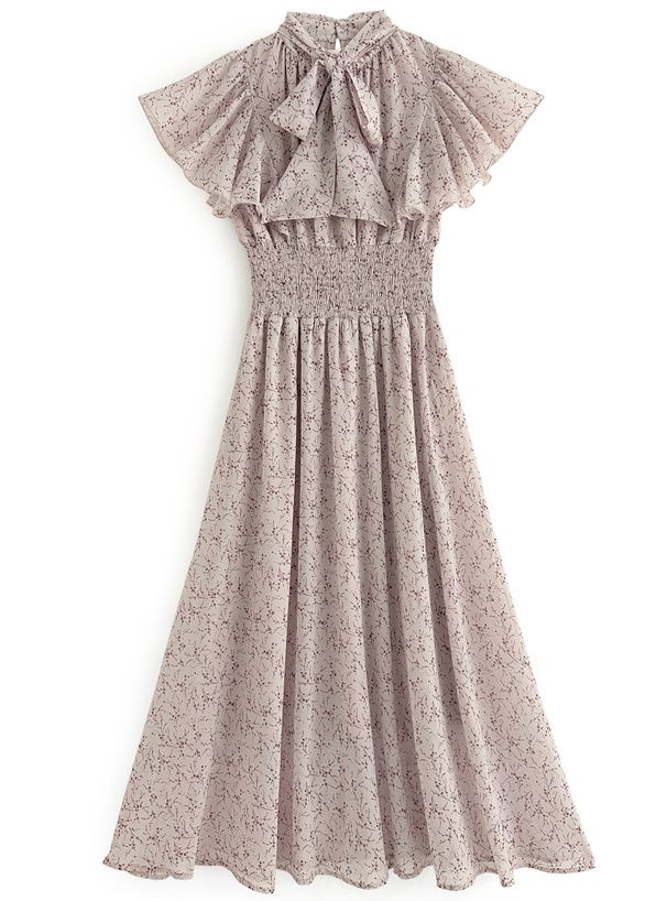 日本 GRL - 華麗扭結荷葉袖碎花洋裝-淺桃粉