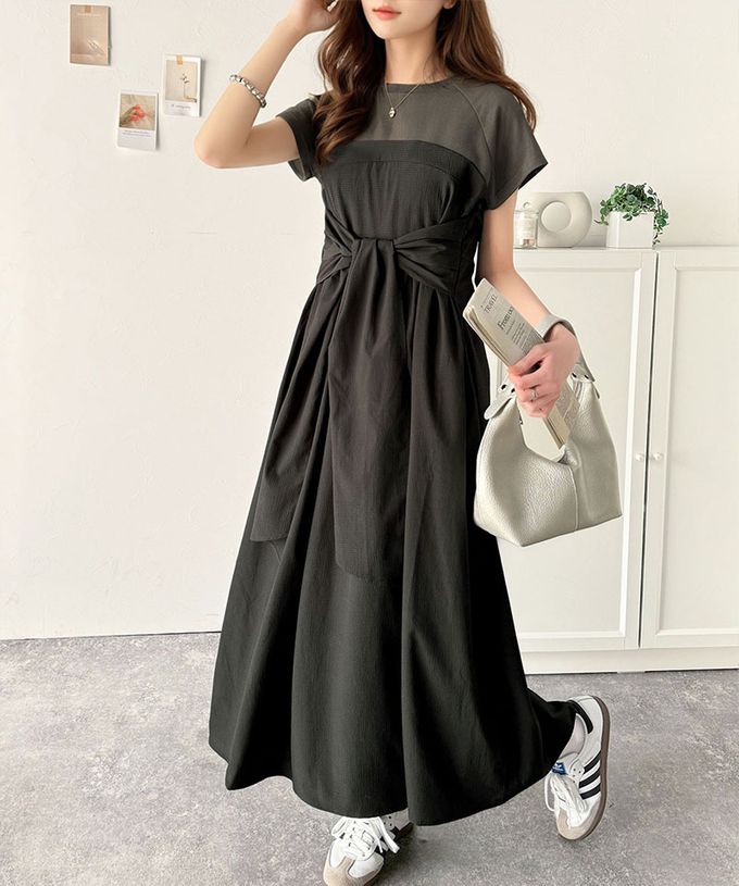 日本 Classical Elf - 綁帶2way清爽拼接感短袖洋裝-條紋x黑