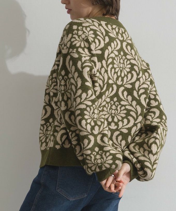 日本 Lupilien - 盛開花卉針織寬袖開襟衫/外套-炭灰