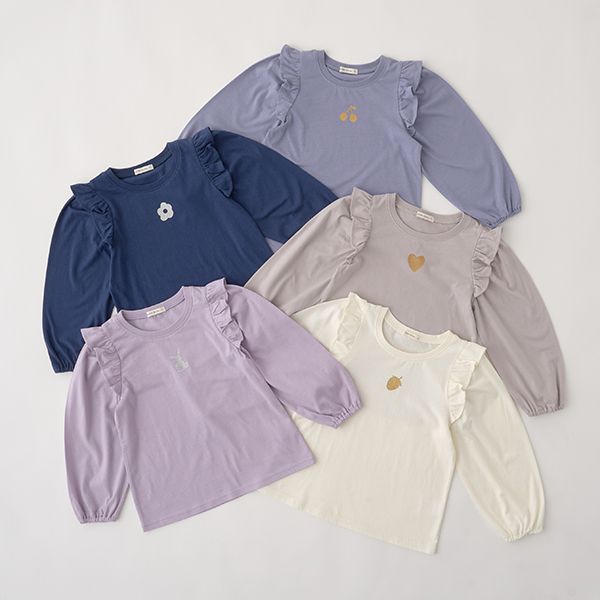 日本 Lycee mine - 閃耀印花肩部摺邊長袖上衣-草莓-象牙白