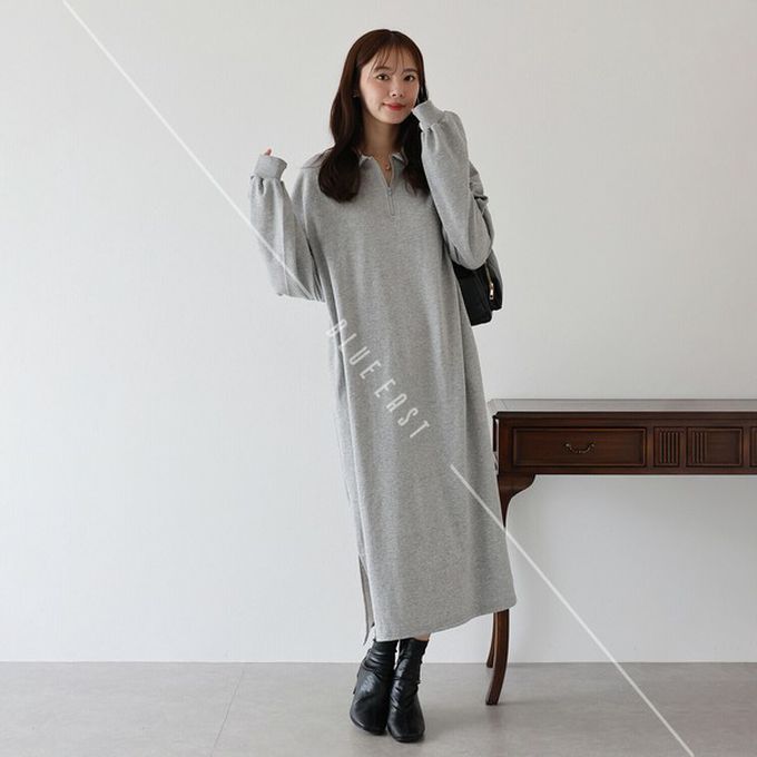日本 BLUE EAST - 半拉鏈時尚休閒長袖洋裝-淺灰