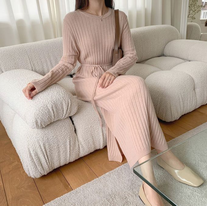 韓國女裝連線 - 喀什米爾羊毛針織連身洋裝-淡粉 (FREE)