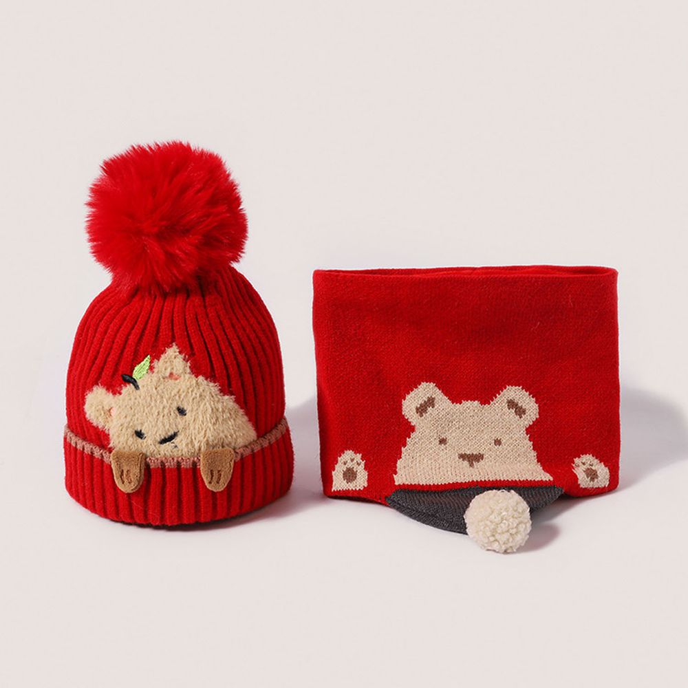 小熊圍脖毛帽組-紅色 (帽圍50-54CM/建議年齡3-8歲)
