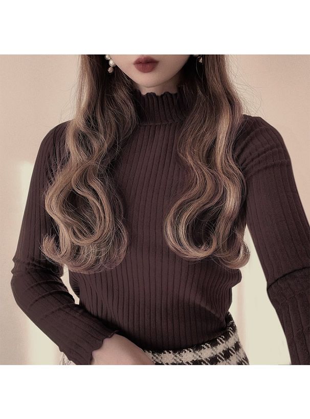 日本 GRL - 百搭木耳領羅紋長袖上衣-深可可