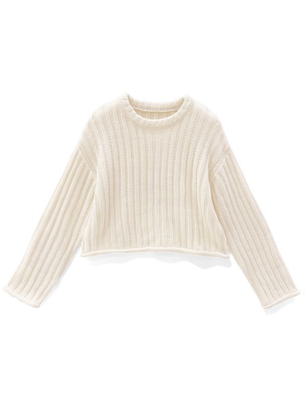 日本 GRL - 圓領坑條短版針織上衣-米杏 (F)