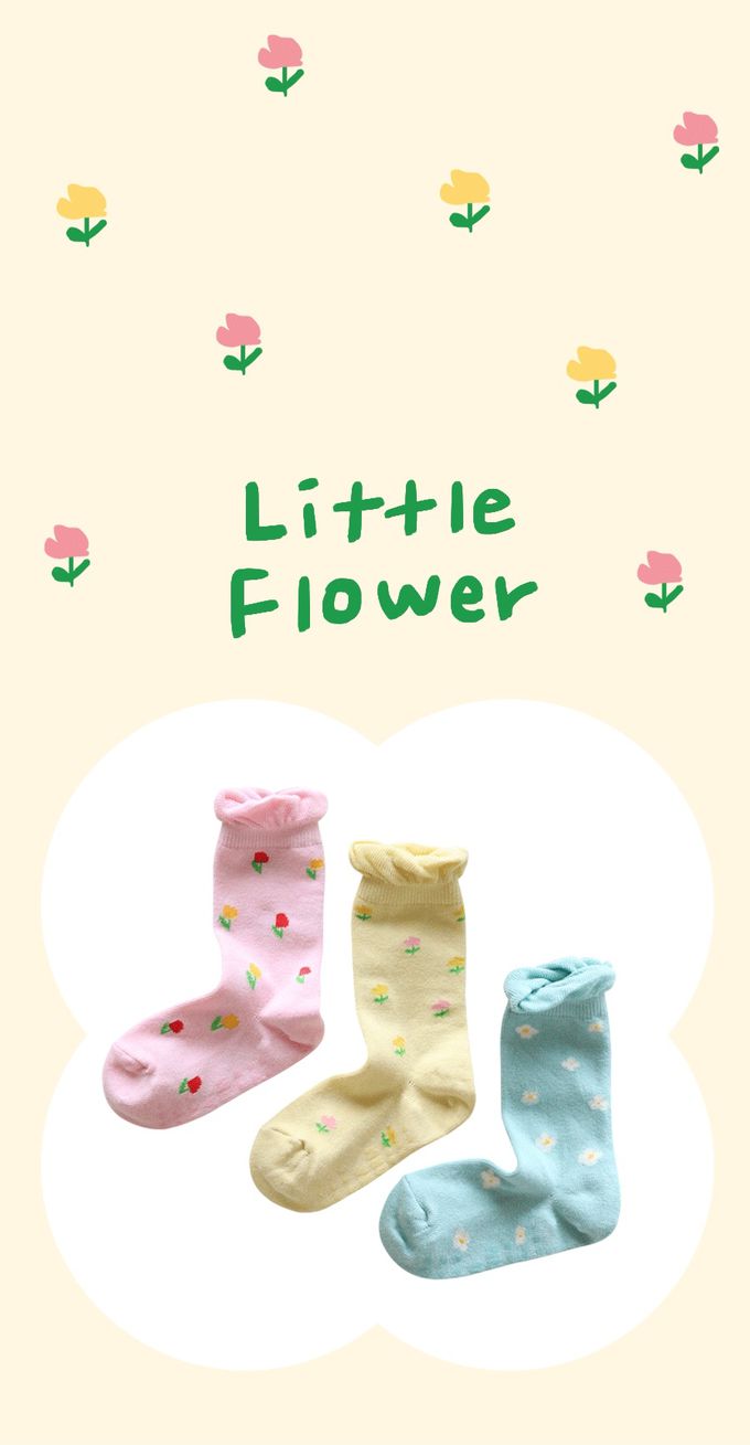 韓國 Kokacharm - 兒童中長襪/襪子三入組-滿版小花-湖藍X黃X粉