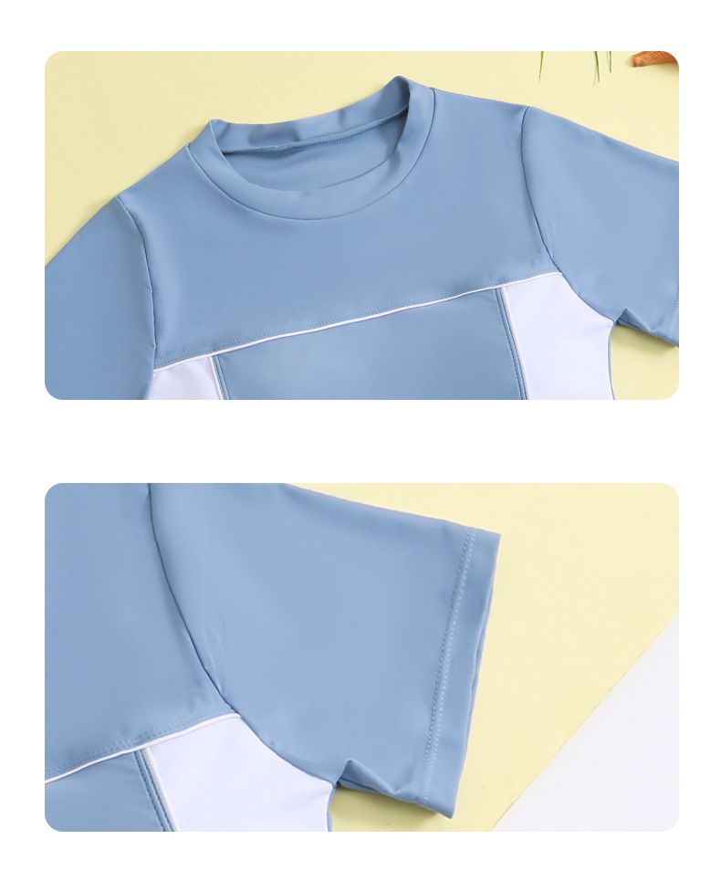 大童女孩運動風短袖泳衣套裝(二件組)-淺藍色-上衣、短褲