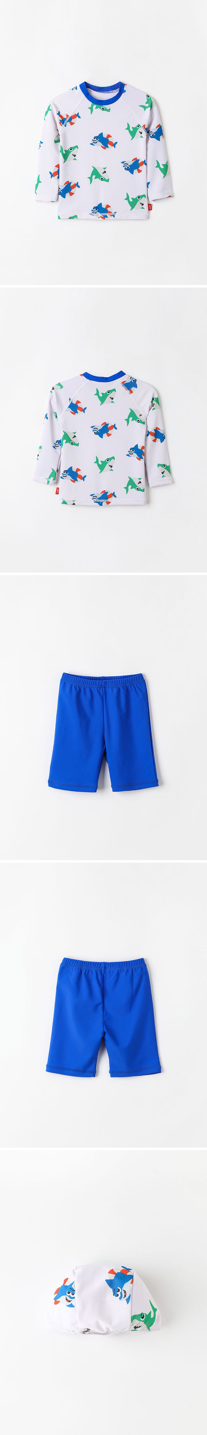 韓國 OZKIZ - 泳圈鯊魚印長袖泳裝/泳帽Set-白灰X藍