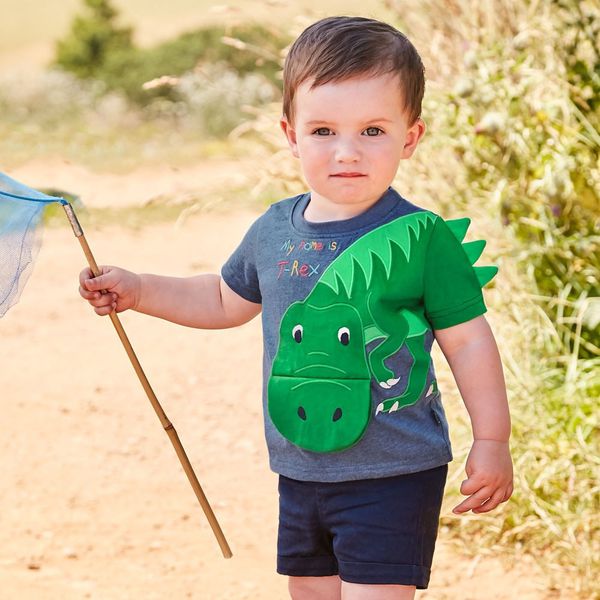 英國 JoJo Maman BeBe - 嬰幼兒/兒童100% 純棉短袖上衣-綠恐龍