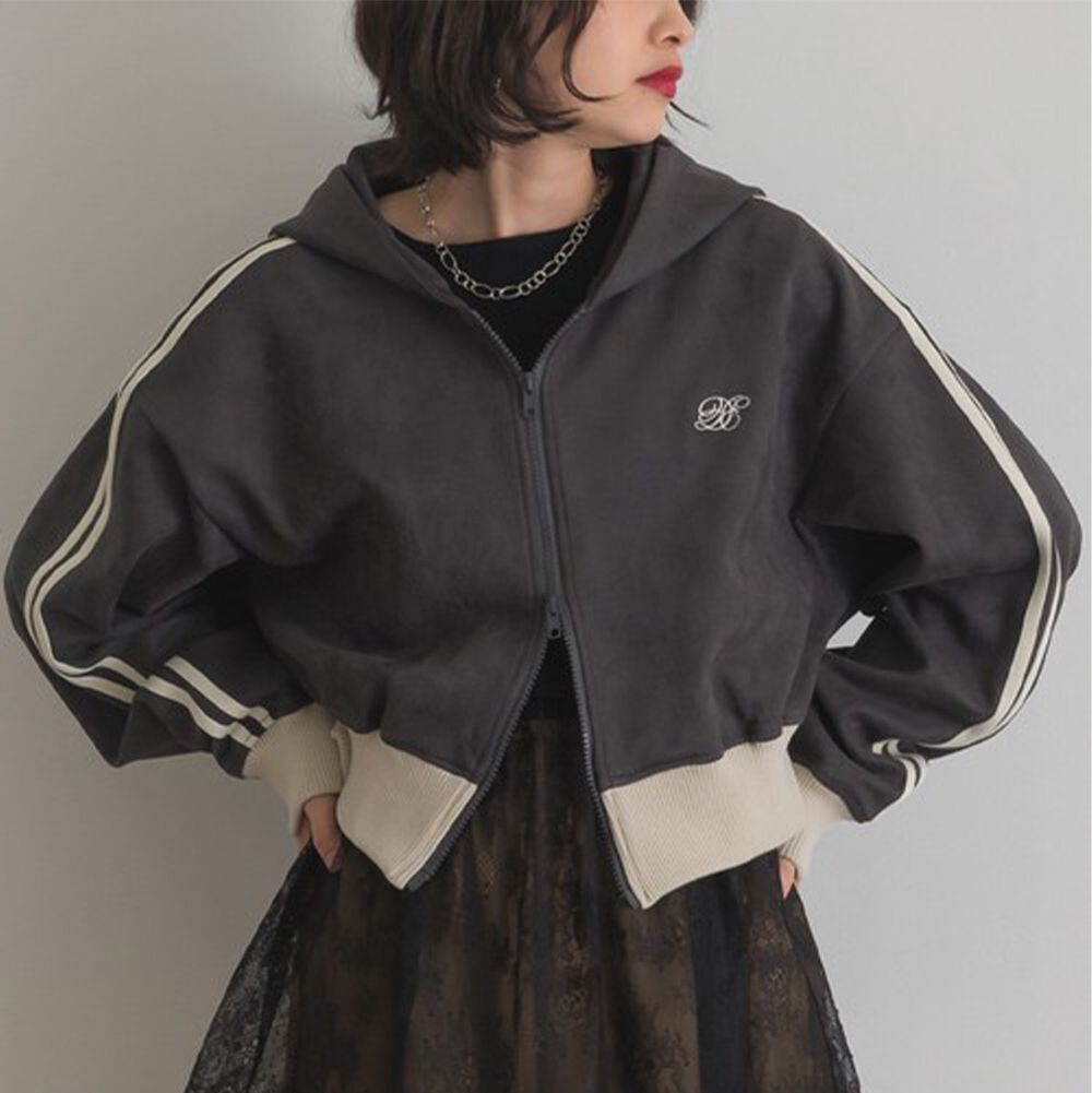 麂皮俐落雙拉鍊短版連帽外套-炭灰x米杏邊