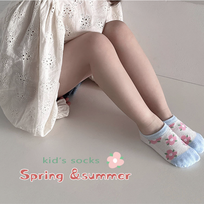 love, charlotte - 馬卡龍色粉嫩小花網眼隱形棉襪-5 雙一組