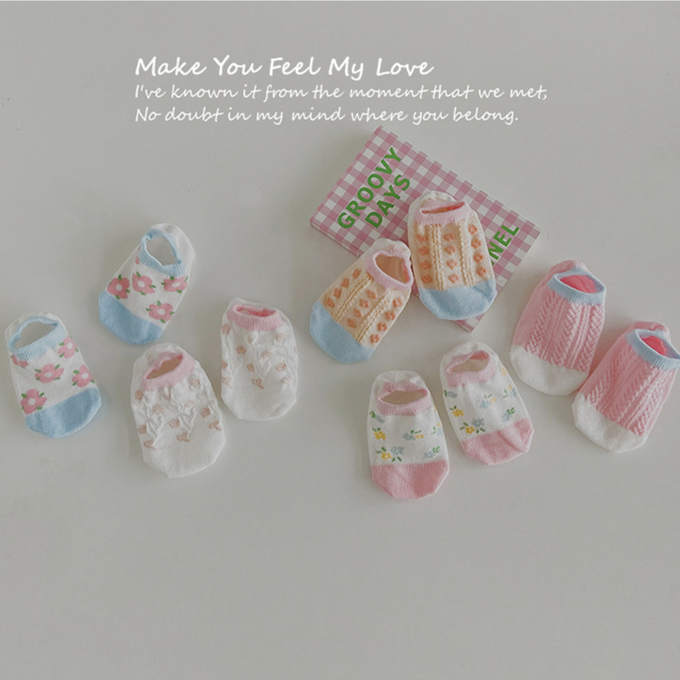 love, charlotte - 馬卡龍色粉嫩小花網眼隱形棉襪-5 雙一組