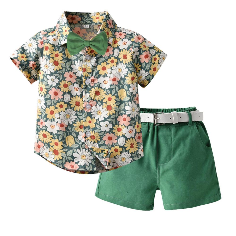TemDoger - 小紳士短袖襯衫套裝-滿版雛菊-綠色