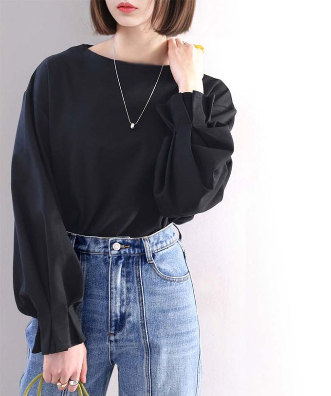 日本 Classical Elf - 100%棉 船領顯瘦糖果袖上衣-摩卡棕