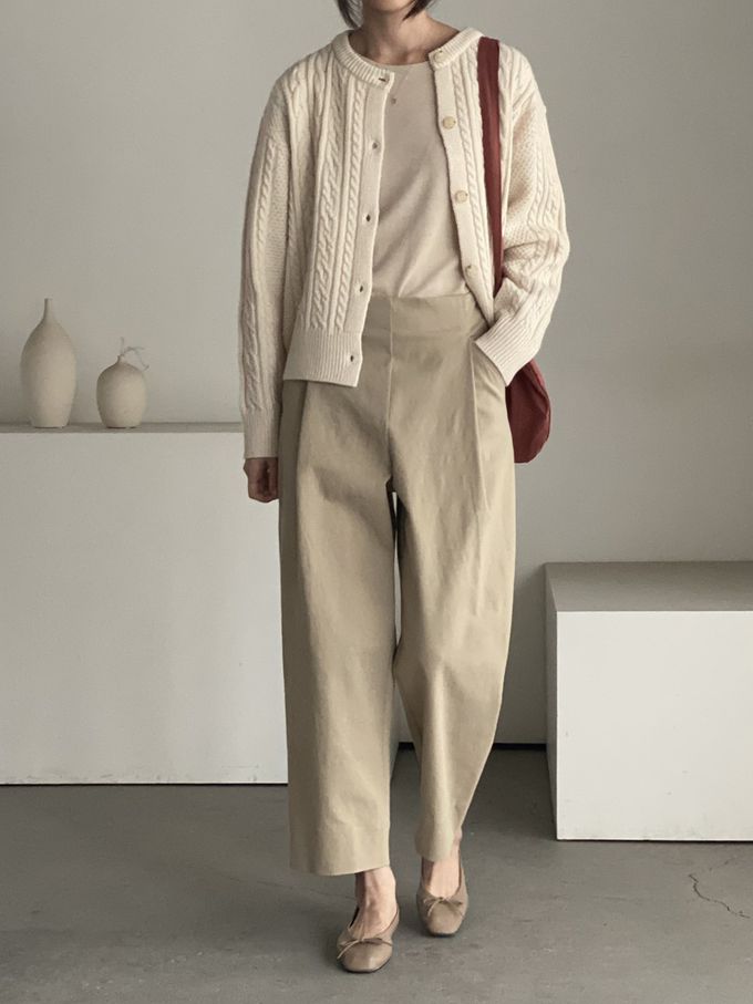 韓國女裝連線 - 麻花捲鈕扣無領針織外套-奶油米 (FREE)