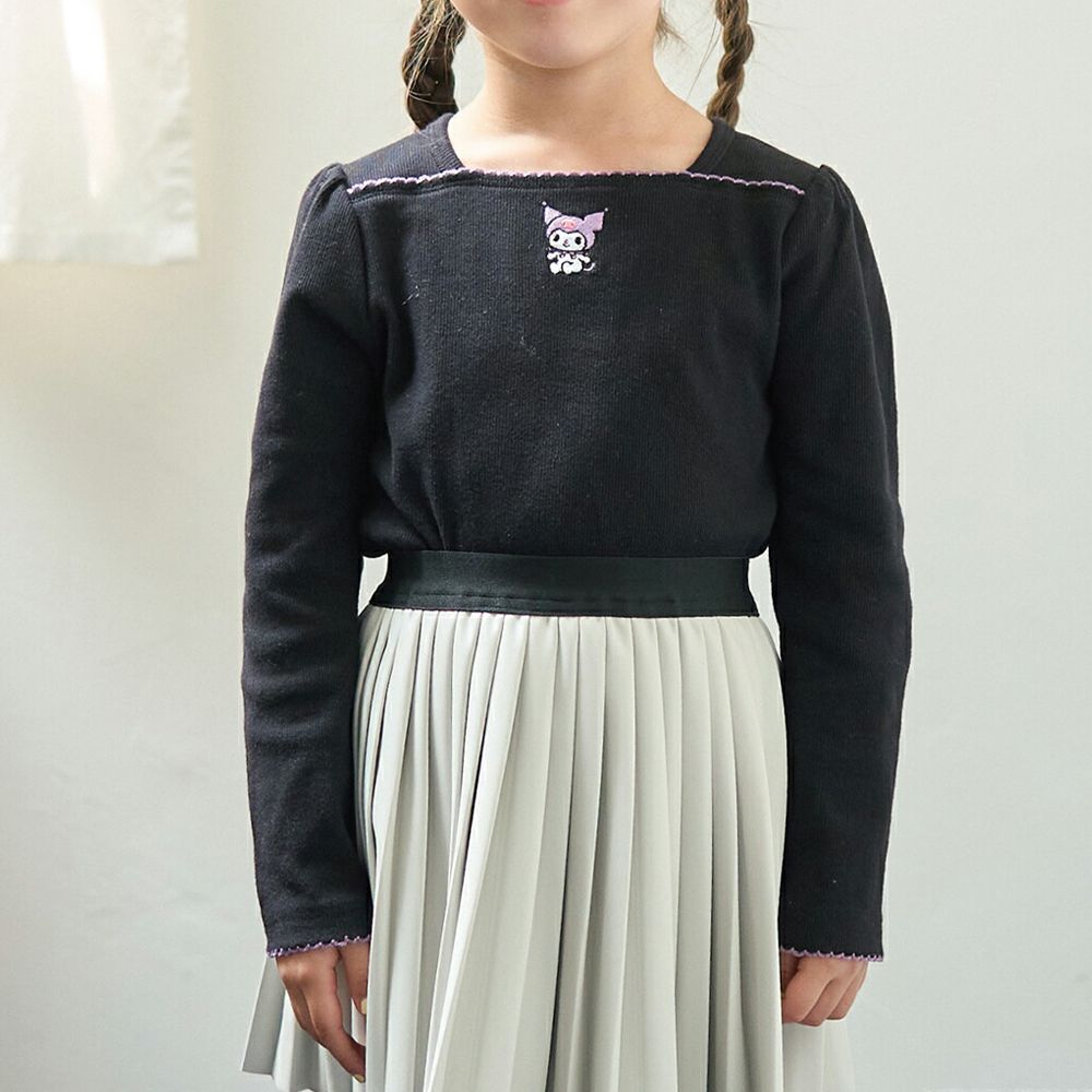 聯名款 小巧刺繡氣質方領長袖上衣-卡通人物酷洛米-黑