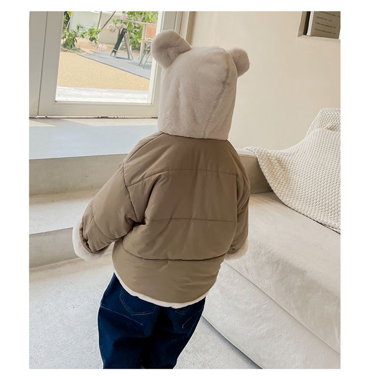 加絨加厚造型連帽鋪棉外套-毛茸茸熊熊-粉色
