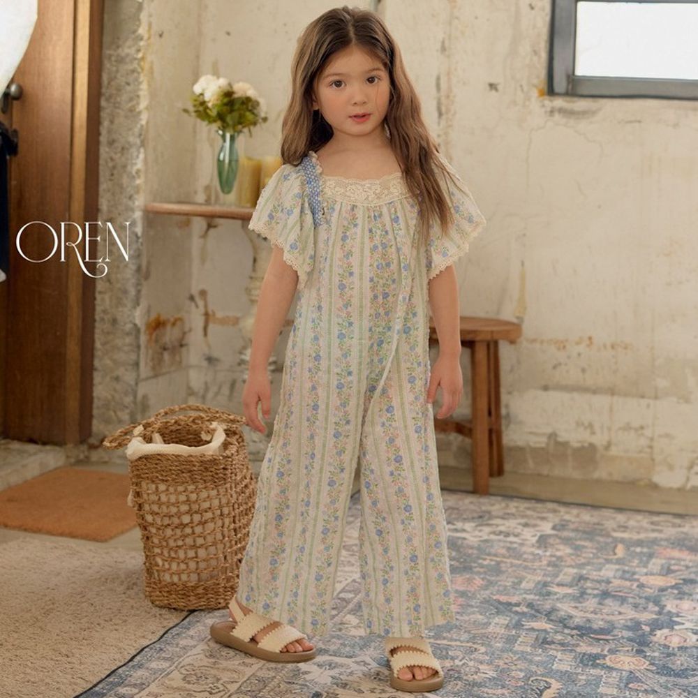 OREN 南法花園蕾絲方領荷葉袖連身褲-藍
