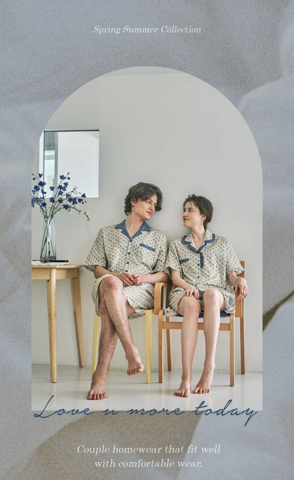 韓國 ULLALA - 玫瑰印花短袖睡衣(兩件式)-藍玫瑰 (FREE)