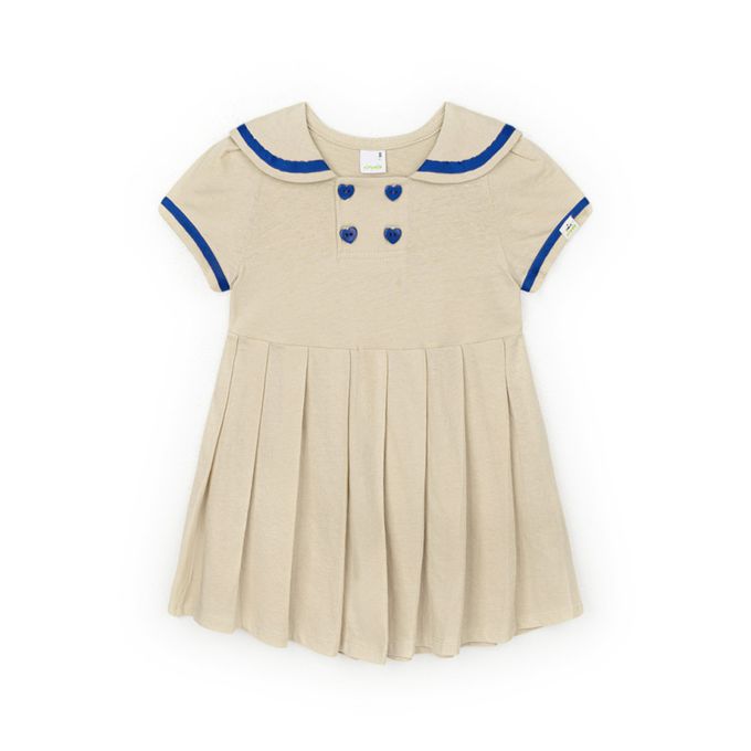 韓國 Pimpollo - 愛心鈕扣水手領百摺洋裝-淺卡其