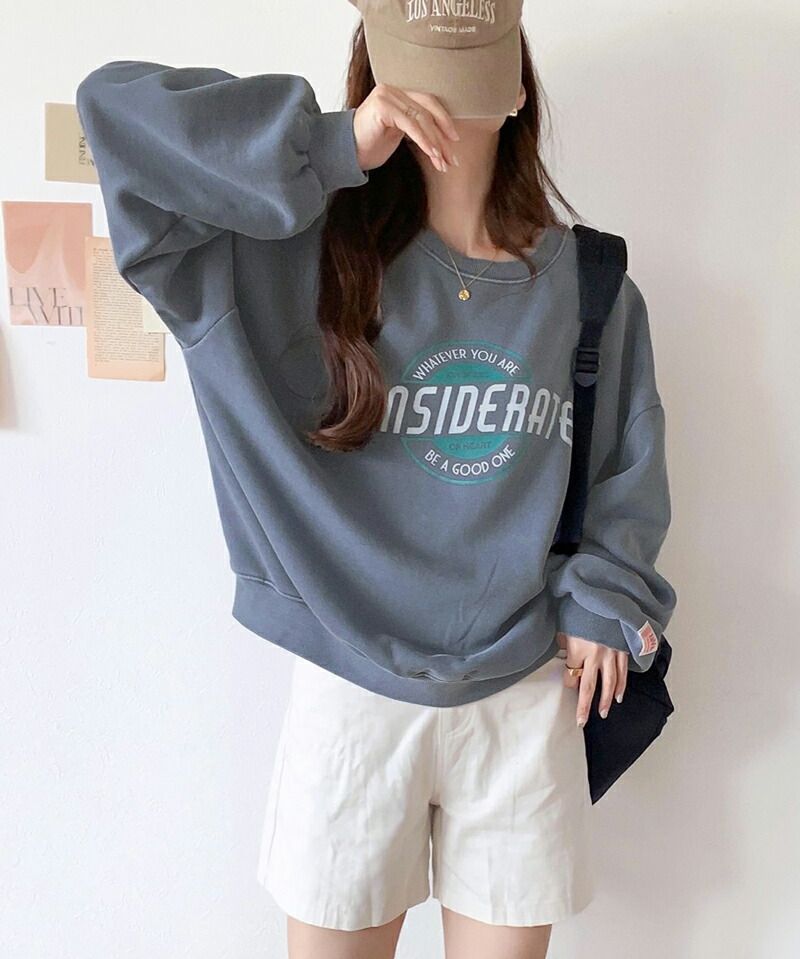 日本 Classical Elf - 水洗復古感印花寬鬆大學T-灰藍