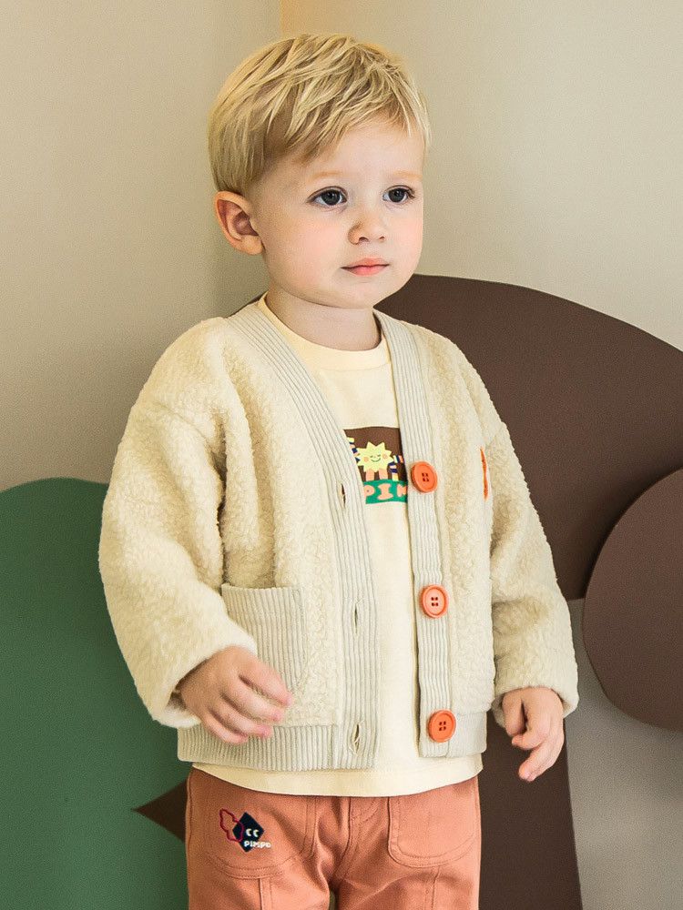 韓國Pimpollo - 小圓臉V領排釦保暖外套-米色