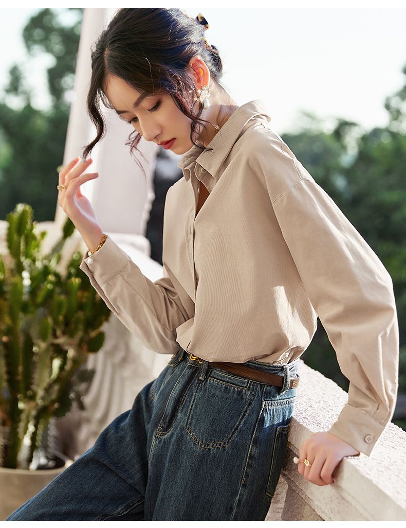 法式溫柔純色基礎長袖襯衫-咖啡色