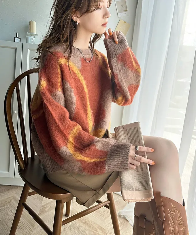 日本 Classical Elf - 歐風毛絨感波浪印花毛衣-粉x米