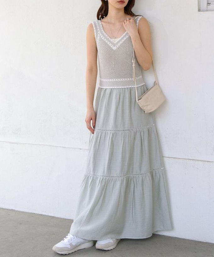 日本 Bab - 純棉針織拼接渡假風無袖洋裝-淺米杏