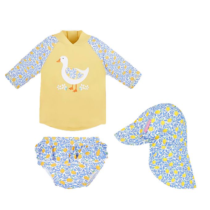 英國 JoJo Maman BeBe - 兩件式泳裝+防曬護頸遮陽帽-夏日檸檬鴨_JJH9580+夏日檸檬_JJH3972