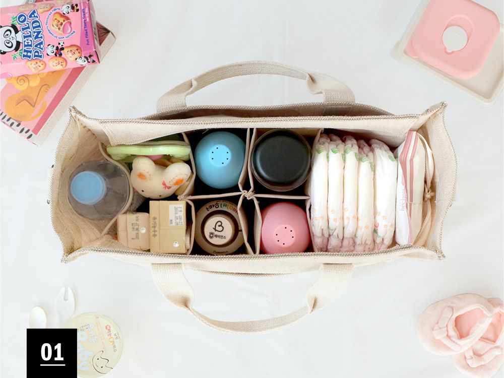 韓國 Conitale - 大容量多隔層媽媽包/推車收納袋-線條杏 (35X28X15cm)