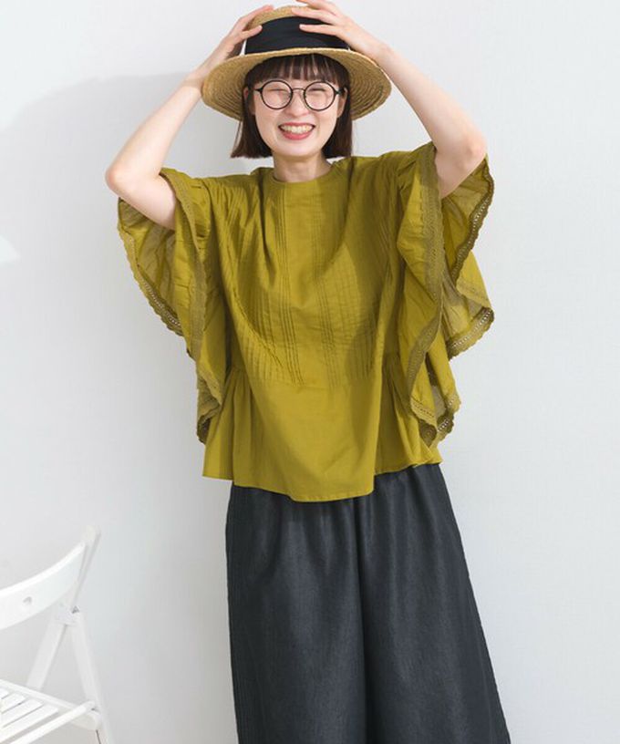 日本 Lupilien - 100%印度棉 細緻緹花大寬袖上衣-芥末黃