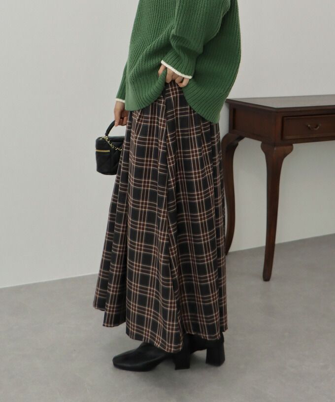 日本 BLUE EAST - 文藝細緻格紋顯瘦長裙-綠黃黑