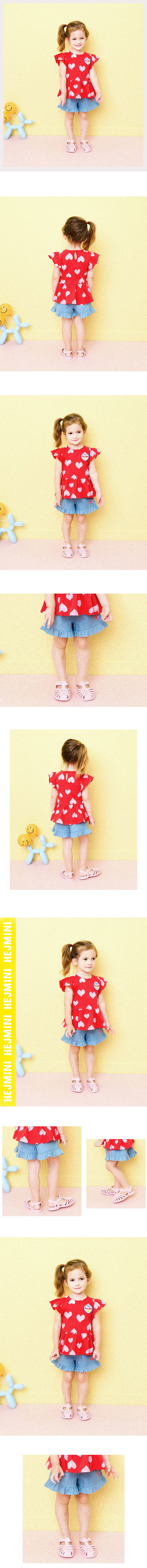 韓國 HEJMINI - 雙色心荷葉拼接短褲-藍