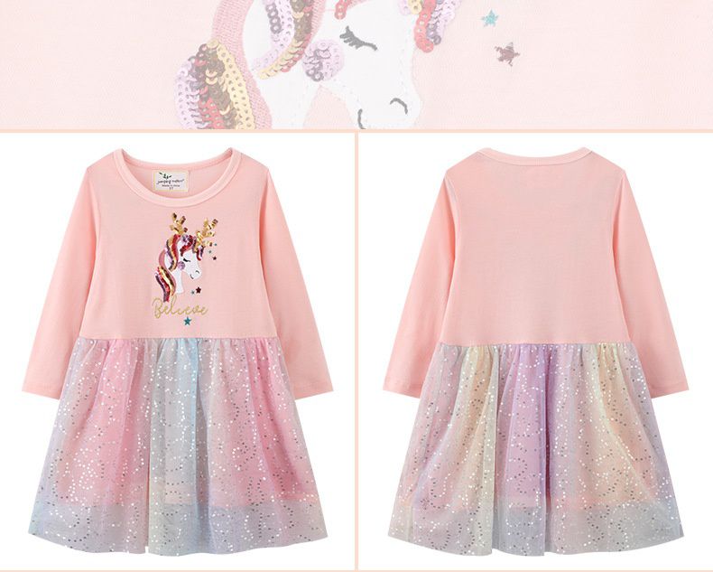 Jumping meters - 棉質圓領長袖連身漸層網紗洋裝-獨角獸女皇-粉色