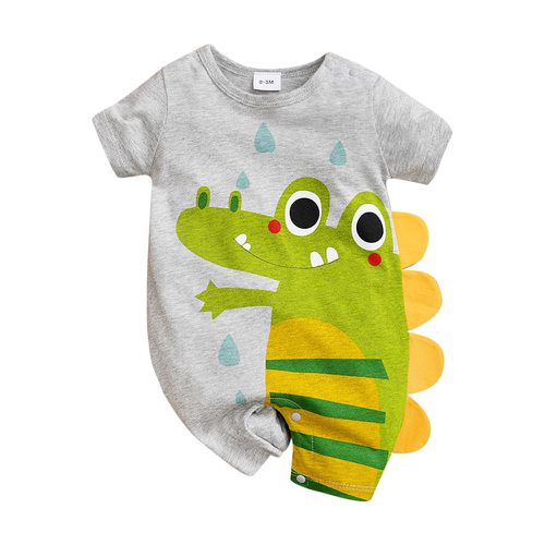 JoyNa - 棉質短袖包屁衣 短袖嬰兒服-灰底鱷魚