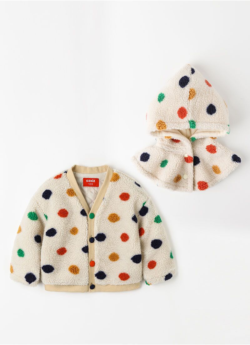 韓國 OZKIZ - (附帽子)彩點毛絨絎縫內裡保暖外套-卡其