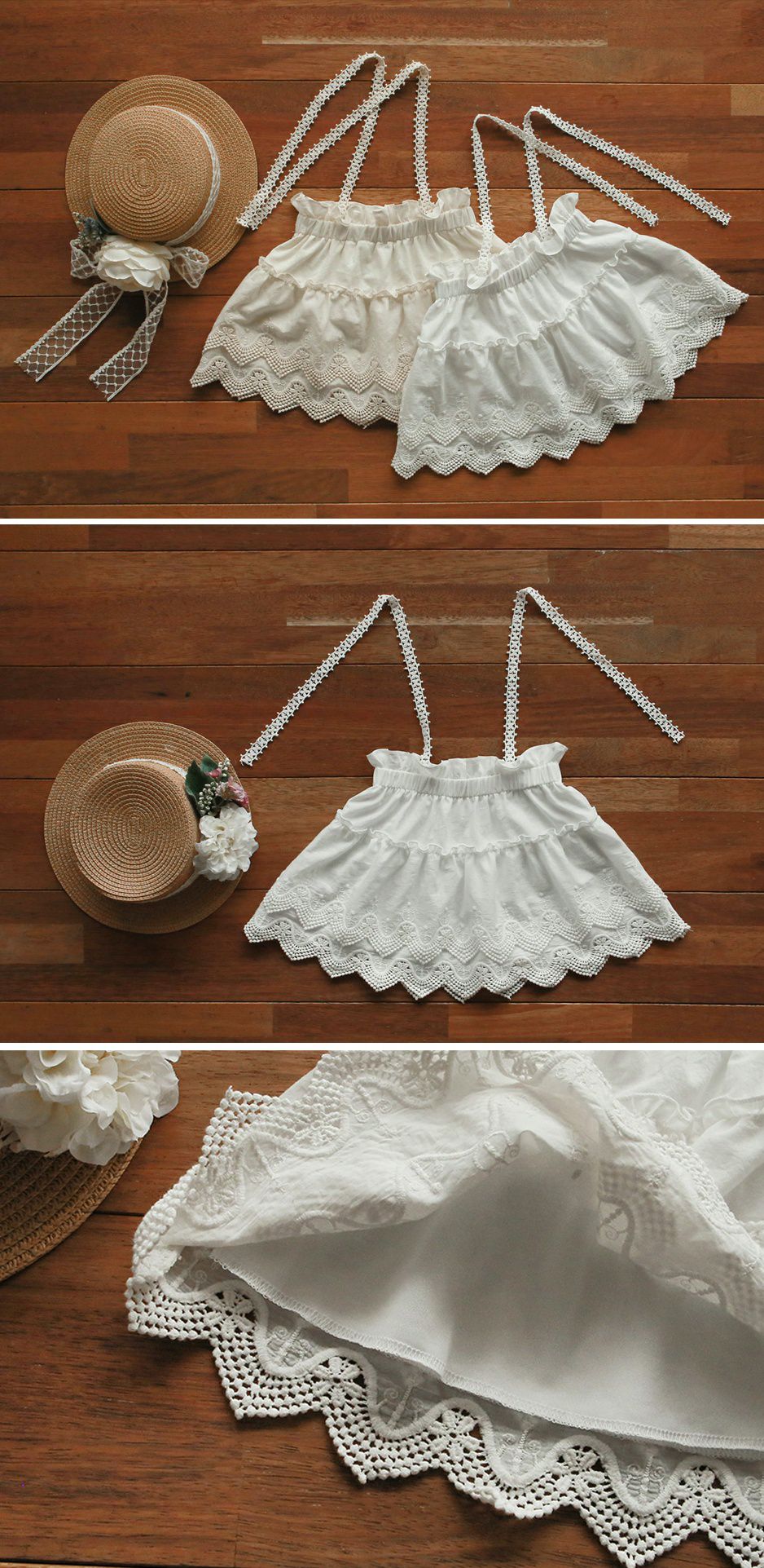 韓國 PuellaFLO - 鋸齒狀鏤空蕾絲綁帶吊帶裙-象牙白