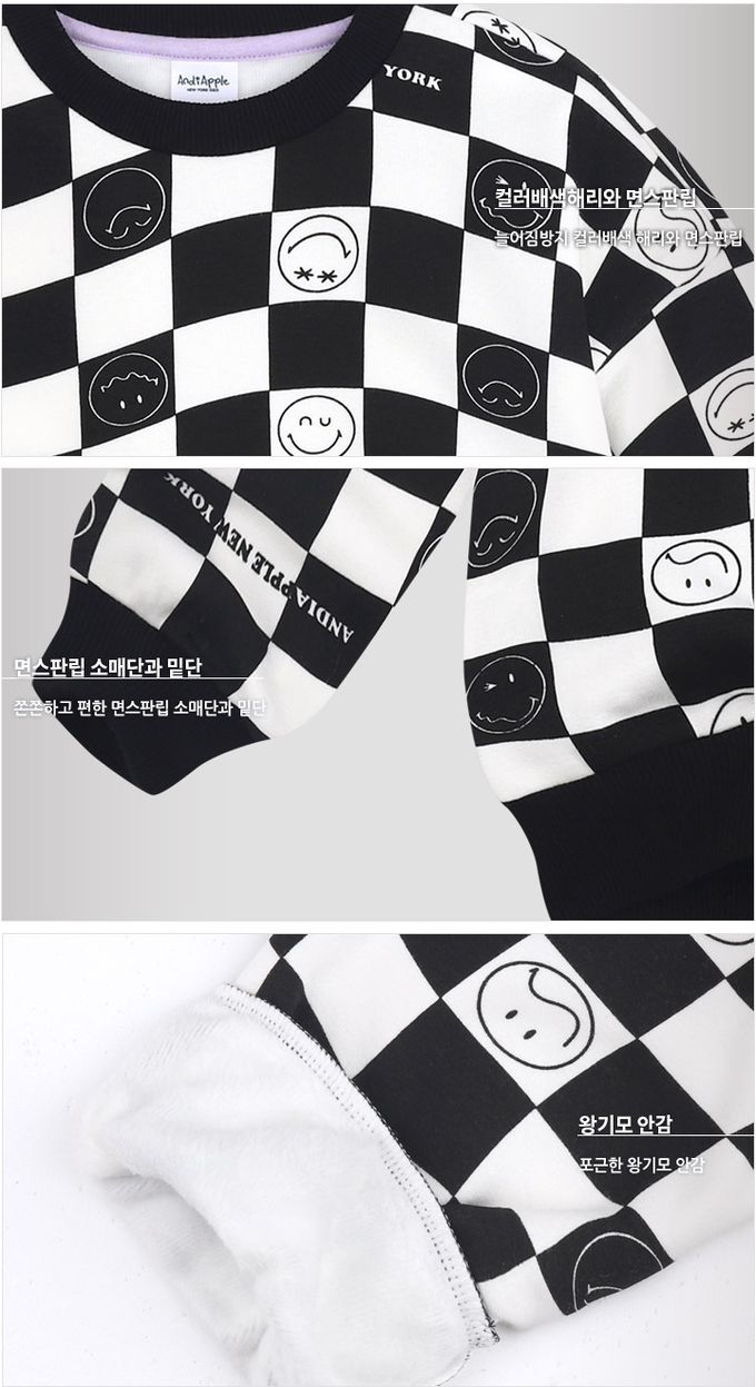 韓國 AndiApple - 圓臉黑白格內刷毛大學T