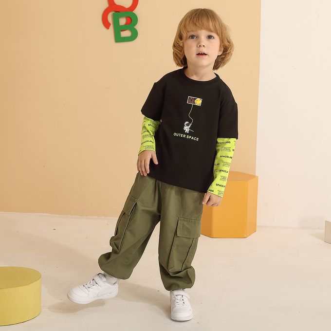 圓領假兩件長袖上衣-漂浮太空人-黑+螢光綠色