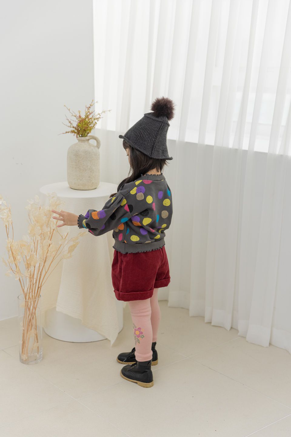 韓國 Orange Mom - 彩色波點卷邊泡泡袖T-深灰