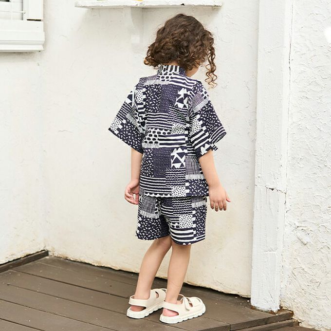 日本 b-ROOM - 100%棉 夏季甚平套裝-幾何-深藍