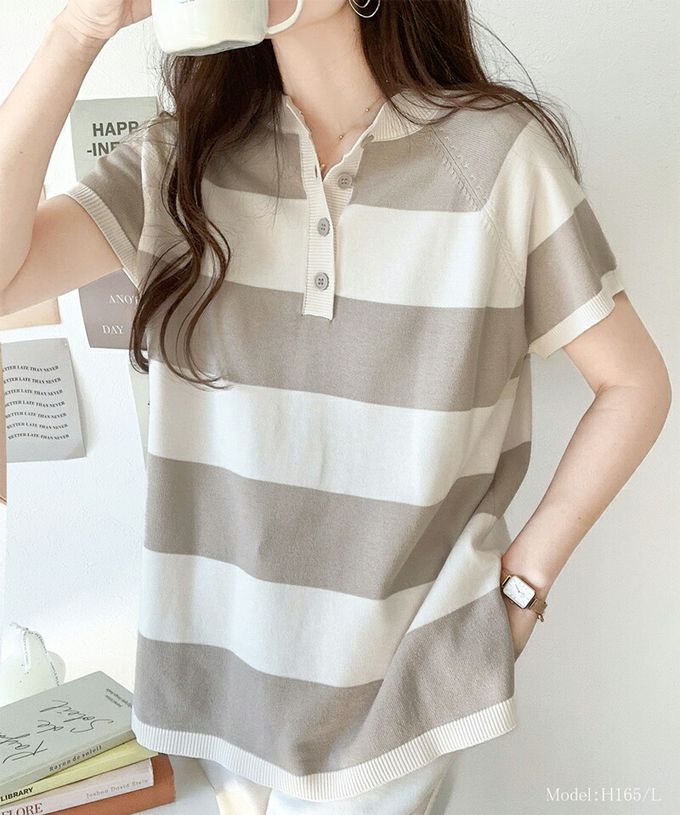 日本 Classical Elf - 定番條紋2way亨利領短袖上衣-摩卡