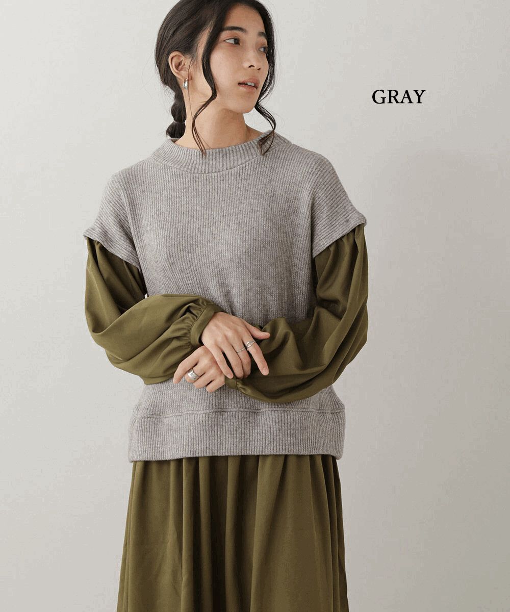 日本 Bou Jeloud - 針織背心假兩件拼接長袖寬鬆洋裝-米