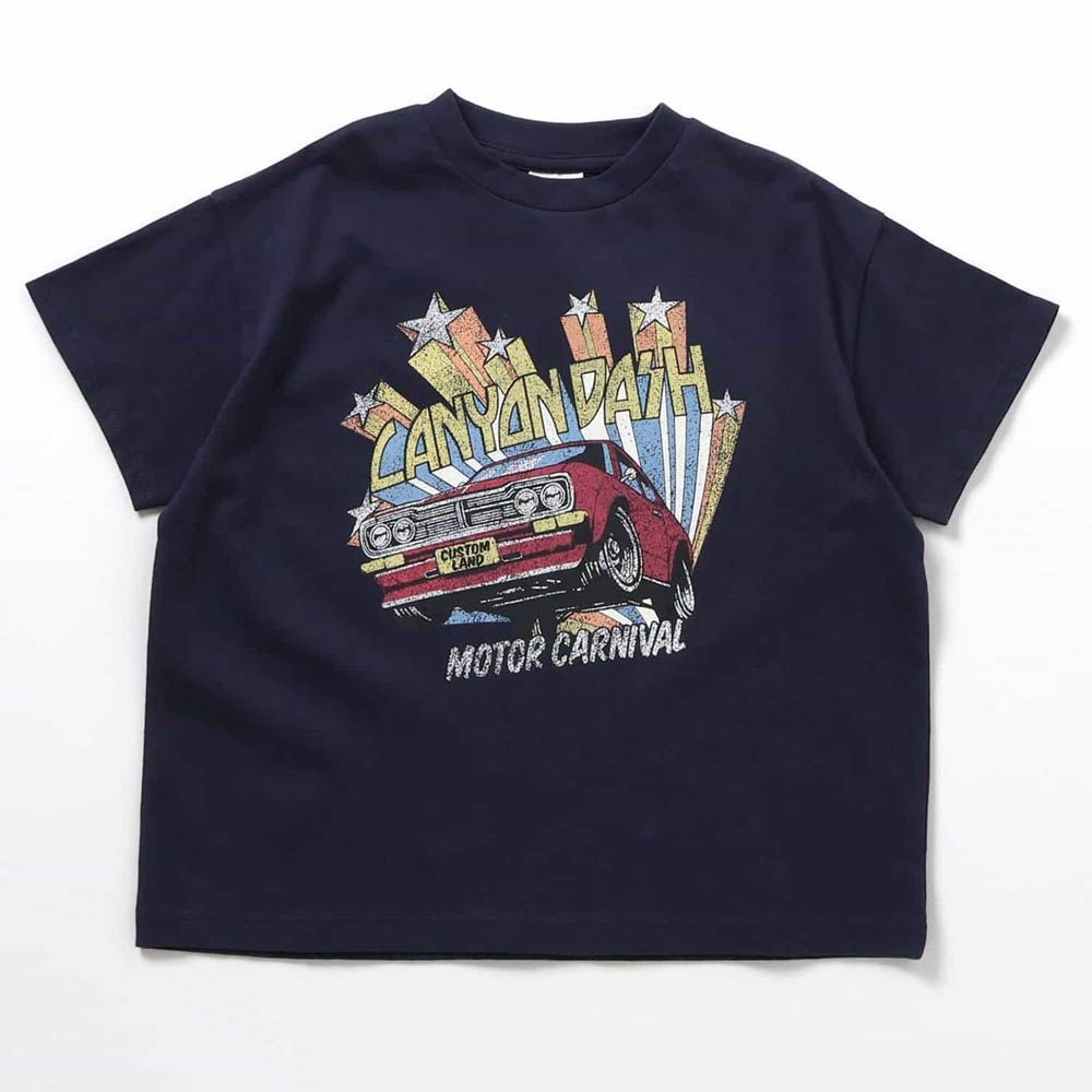 美式風格印花短袖上衣-復古車車-深藍