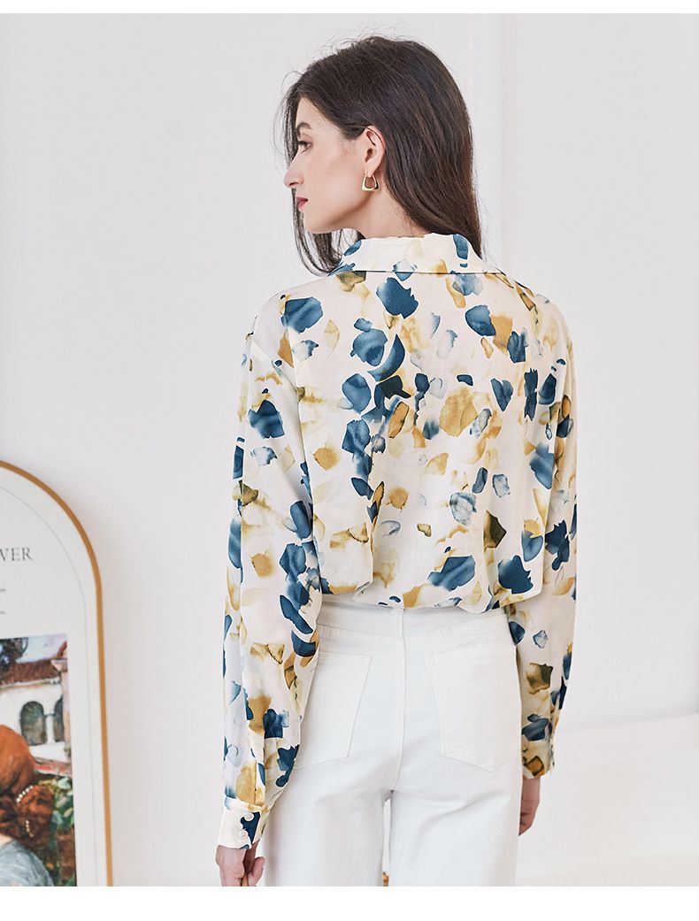 法式水墨印花長袖襯衫-藍色