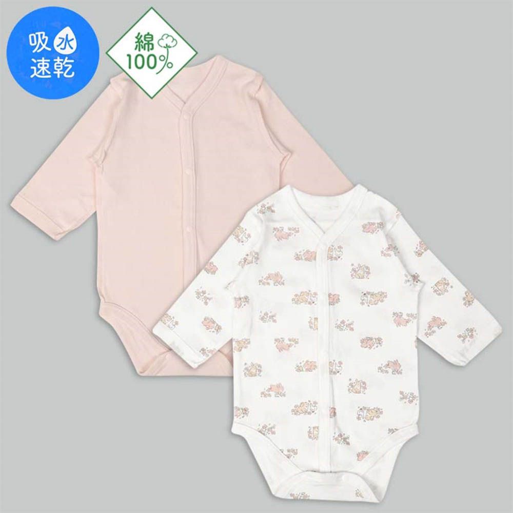 長袖包屁衣2件組-前開式 兔子-粉紅色